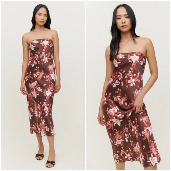 💕REFORMATION💕 Joanne Dress ~ 100% Silk Hilo Brown Floral 8 NWT - Picture 1 of 16